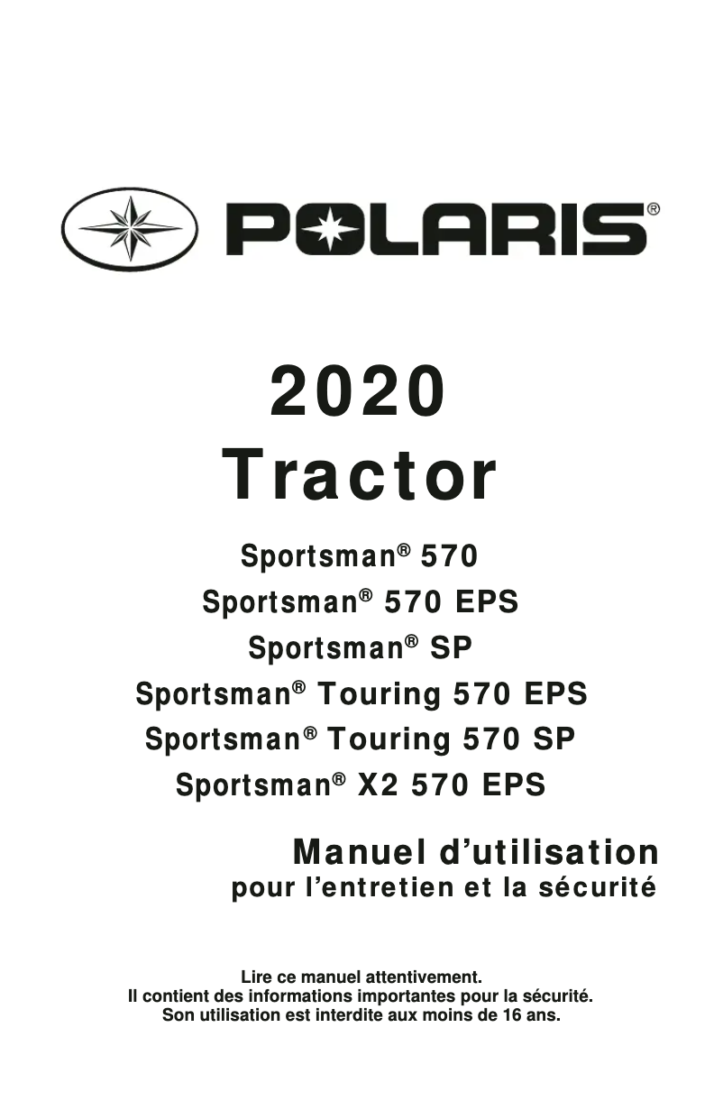 Page 1 de la notice Manuel utilisateur Polaris Sportsman Touring 570 SP (2020)