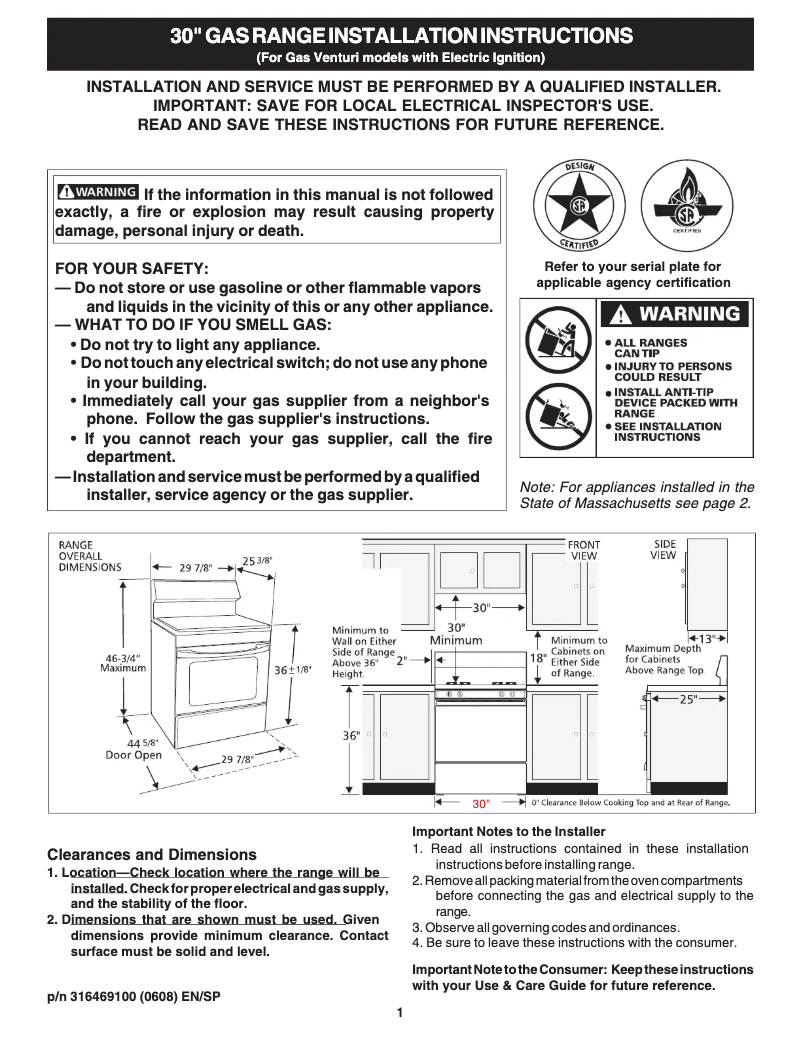 Page 1 de la notice Guide d'installation Frigidaire FGF319KB