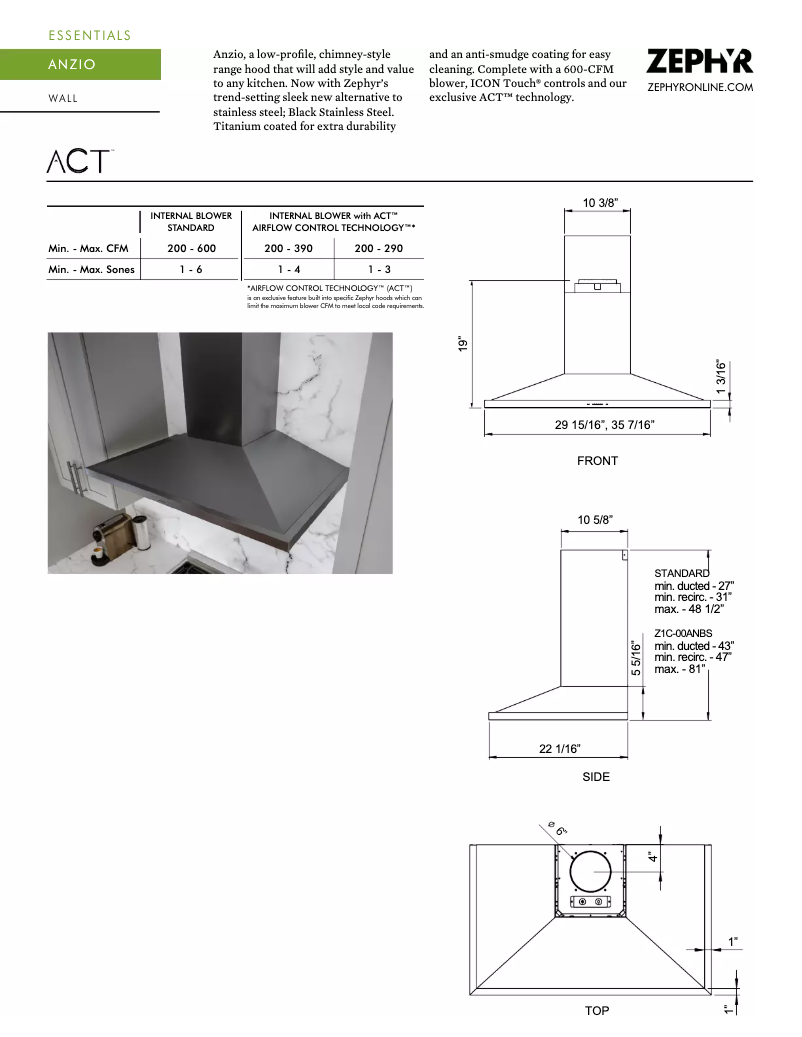 Page 1 de la notice Fiche technique Zephyr ZAN-M90CBS