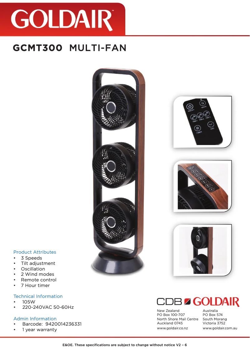 Page 1 de la notice Fiche technique GoldAir GCMT300