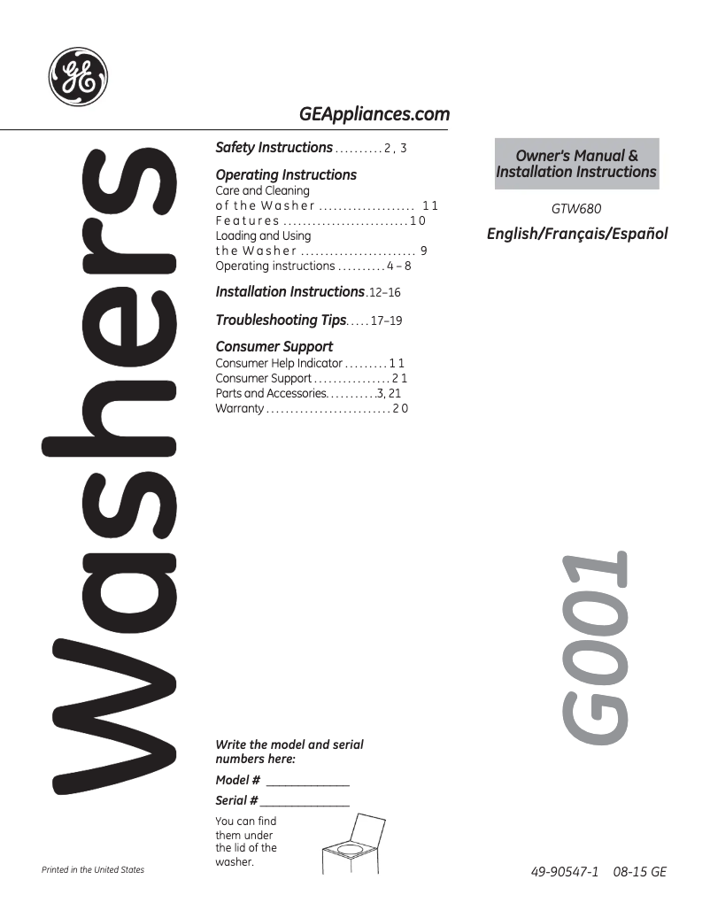 Página 1 del manual Manual de usuario GE GTW680BSJWS