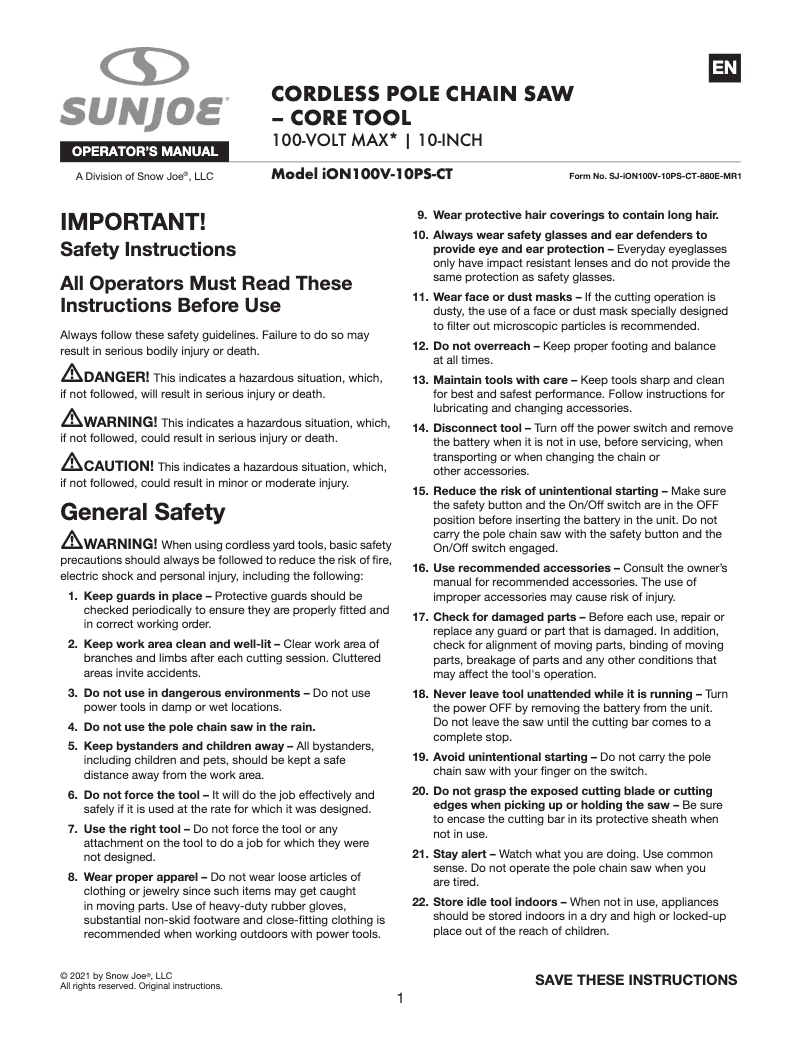 Página 1 del manual Manual de usuario Sun Joe ION100V-10PS-CT