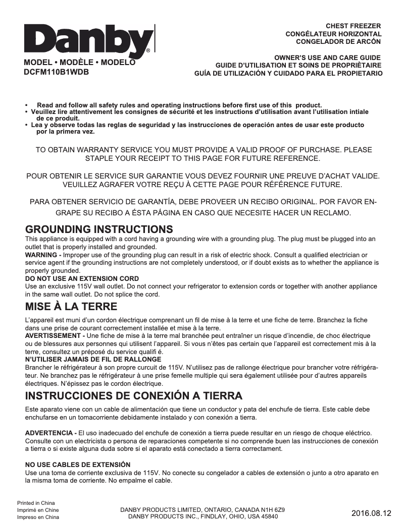 Page 1 de la notice Manuel utilisateur Danby DCFM110B1