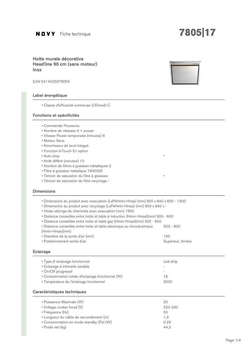 Page 1 de la notice Fiche technique Novy Head'Line 7805