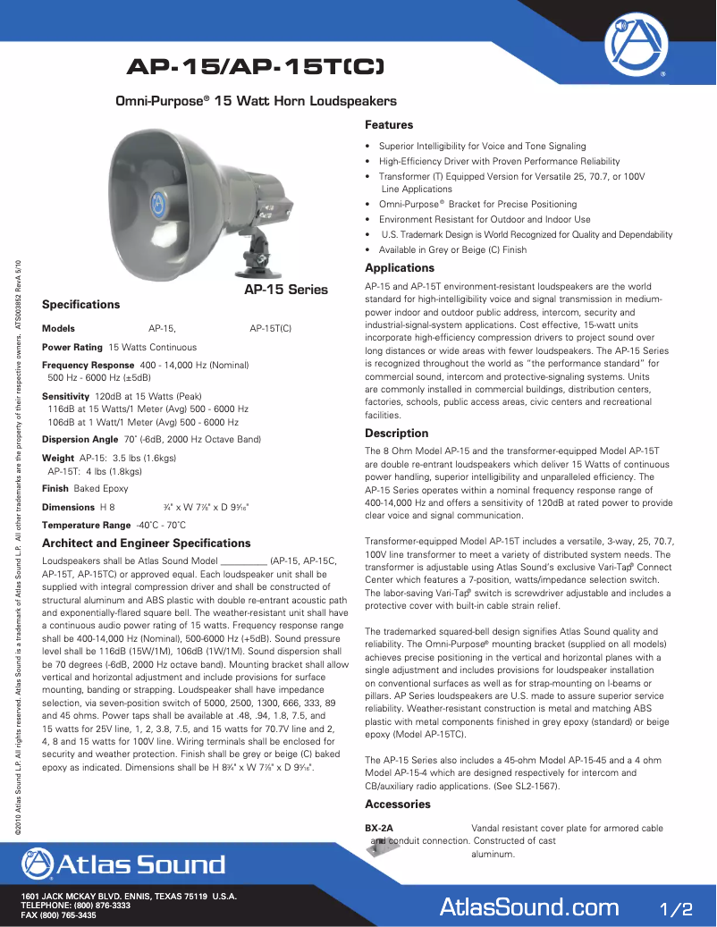 Page 1 de la notice Mode d'emploi Atlas Sound AP-15
