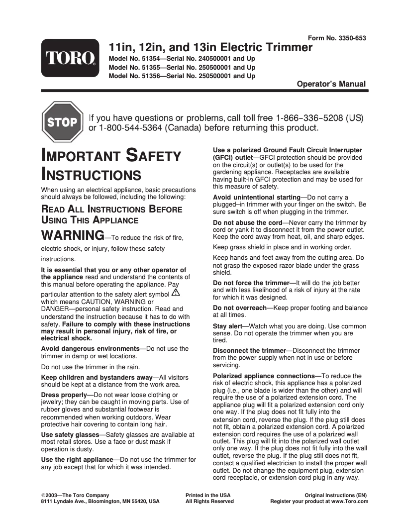 Page 1 de la notice Manuel utilisateur Toro 51355