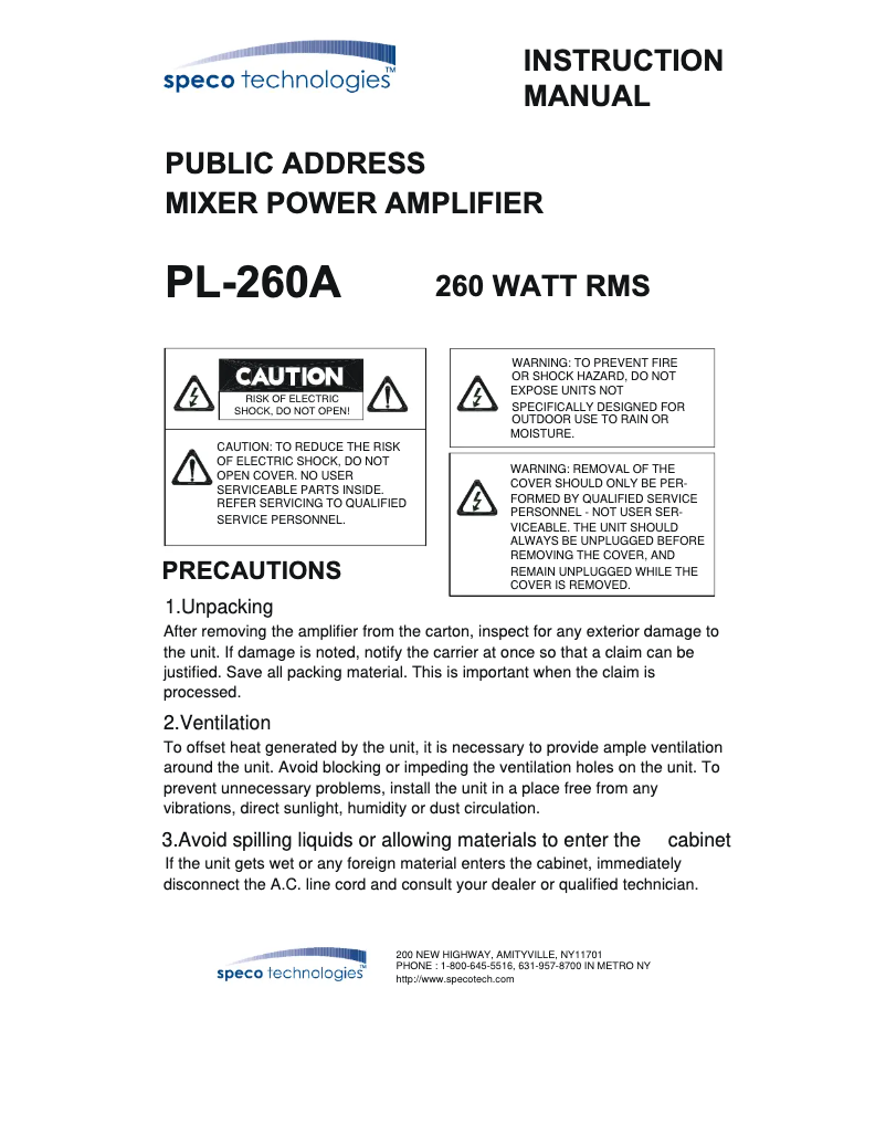 Page 1 de la notice Manuel utilisateur Speco Technologies PL-260A
