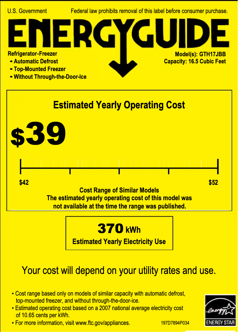 Page 1 of the manual Energy Label GE GTH17JBBBB