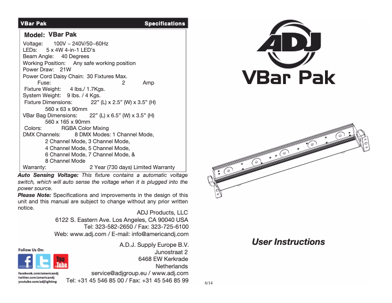 Page 1 de la notice Manuel utilisateur Adj VBar Pak