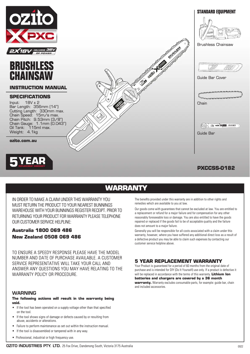 Page 1 de la notice Manuel utilisateur Ozito PXCCSK-4182