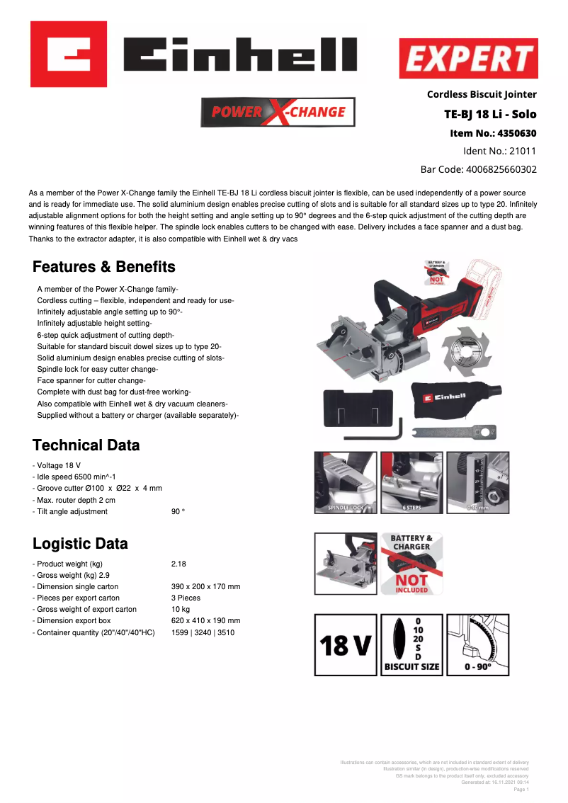 Page 1 de la notice Fiche technique Einhell TE-BJ 18 Li - Solo