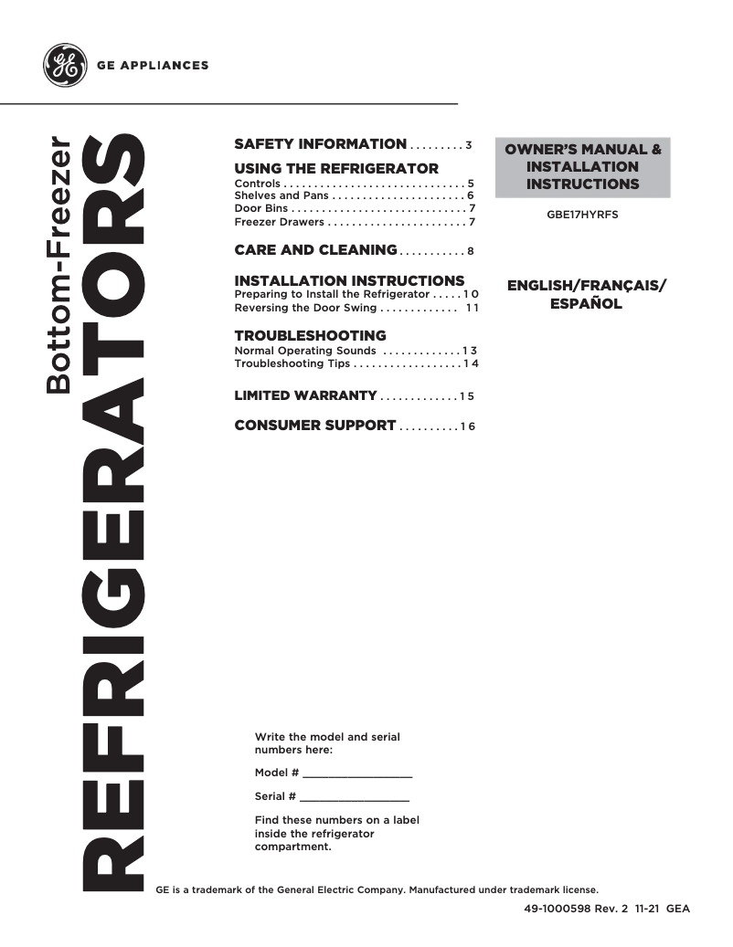Page 1 de la notice Fiche technique GE GBE17HYRFS