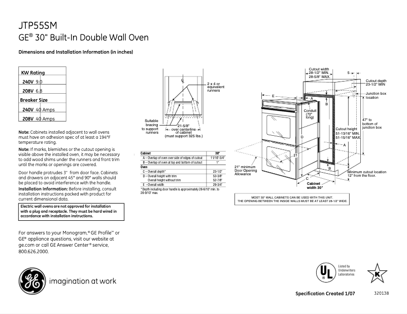 Página 1 del manual Ficha técnica GE JTP55SMSS