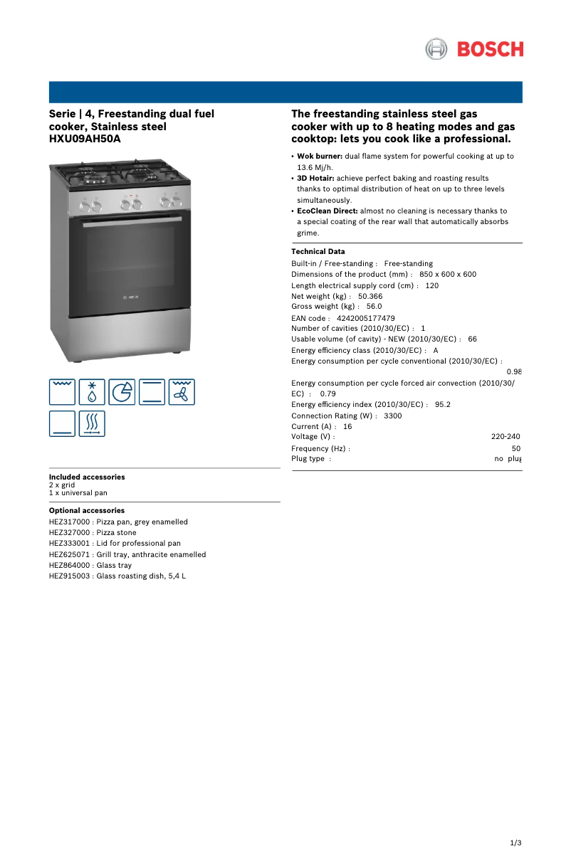 Page 1 de la notice Fiche technique Bosch Serie 4 HXU09AH50A
