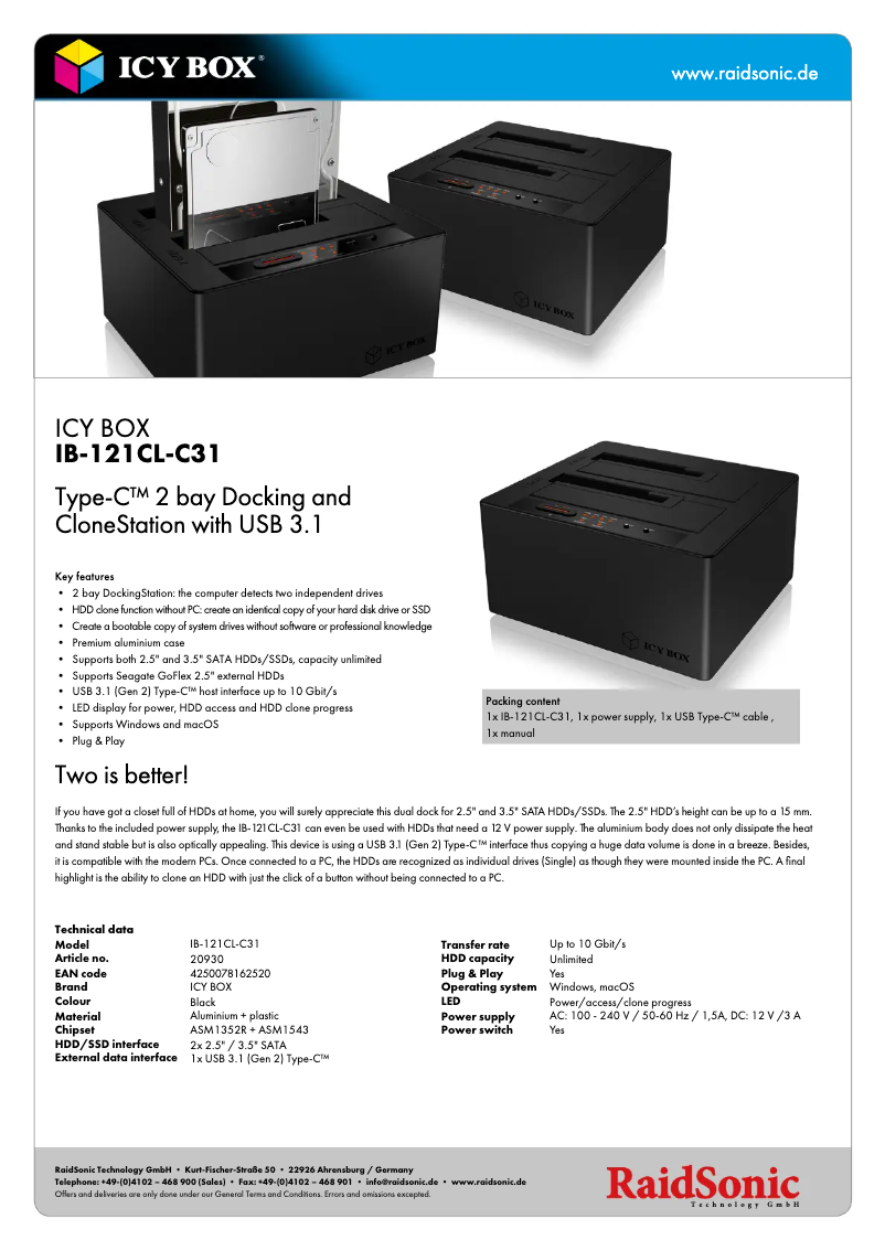 Page 1 de la notice Fiche technique Icy Box IB-121CL-C31