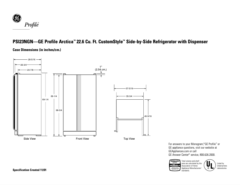 Página 1 del manual Ficha técnica GE Profile Arctica CustomStyle PSI23NGNCC