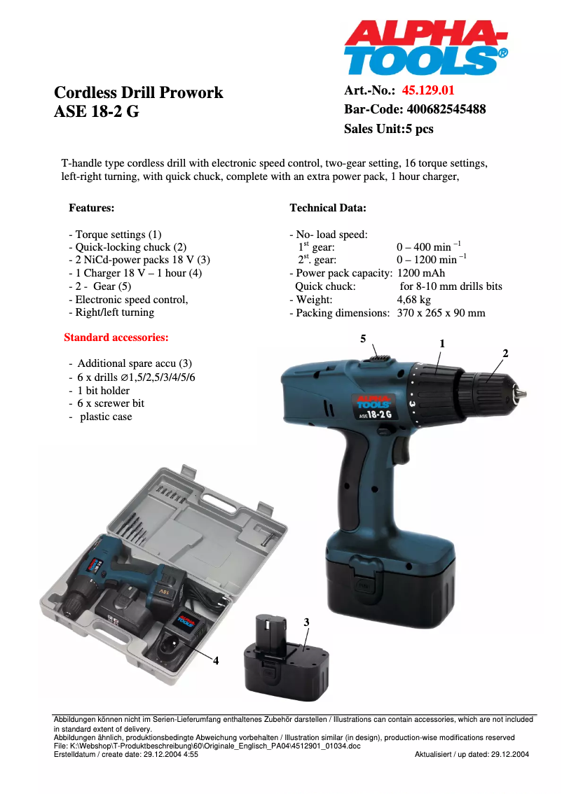 Page 1 de la notice Fiche technique Alpha Tools ASE 18/2 G