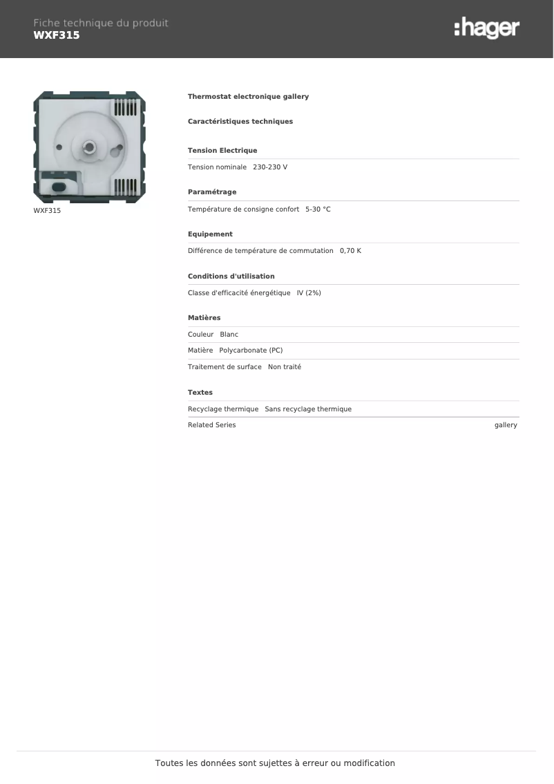 Page 1 de la notice Fiche technique Hager WXF315