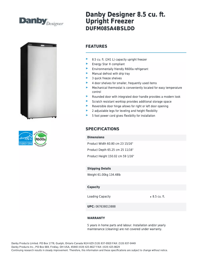 Page 1 de la notice Fiche technique Danby Designer DUFM085A4BSLDD