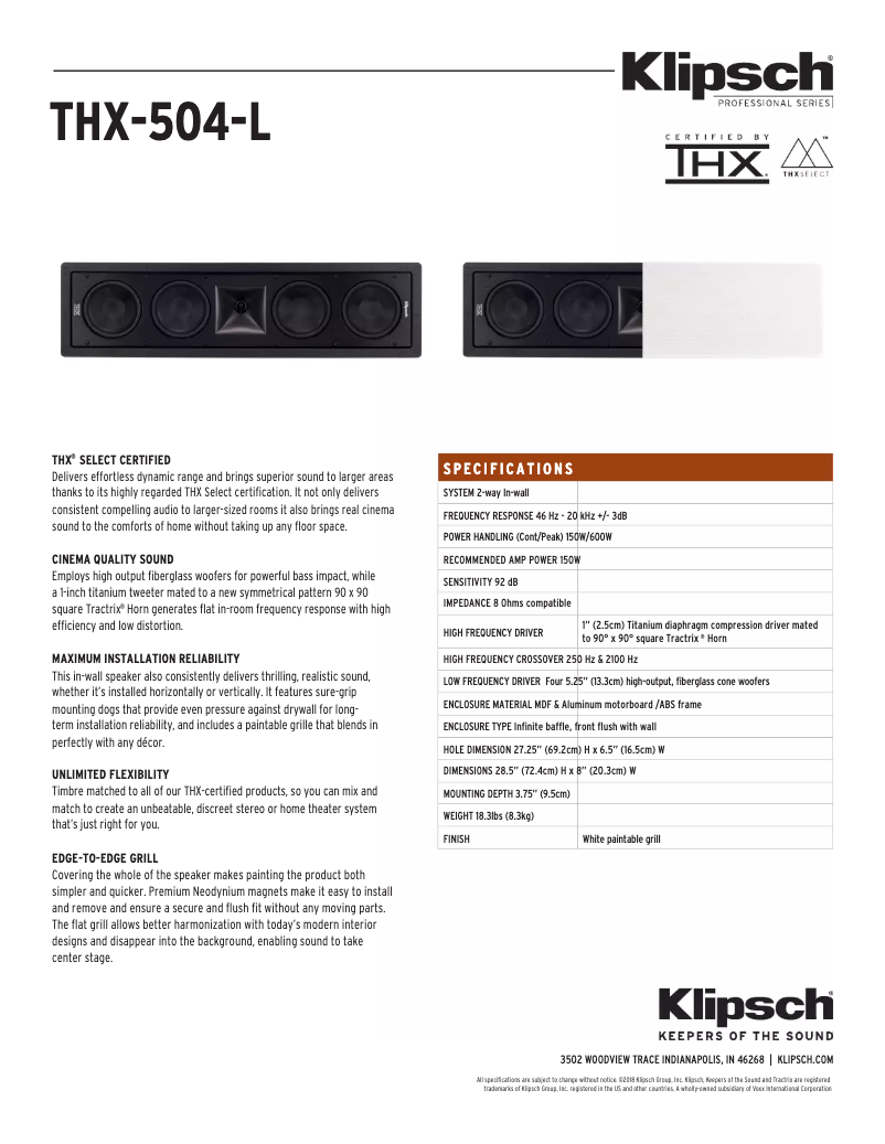 Page 1 de la notice Fiche technique Klipsch THX-504-L