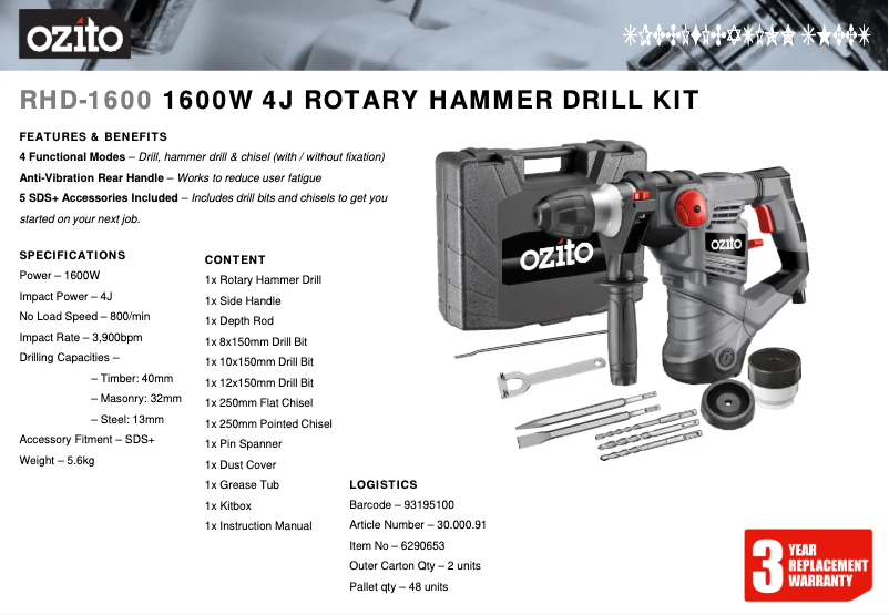Página 1 del manual Ficha técnica Ozito RHD-1600