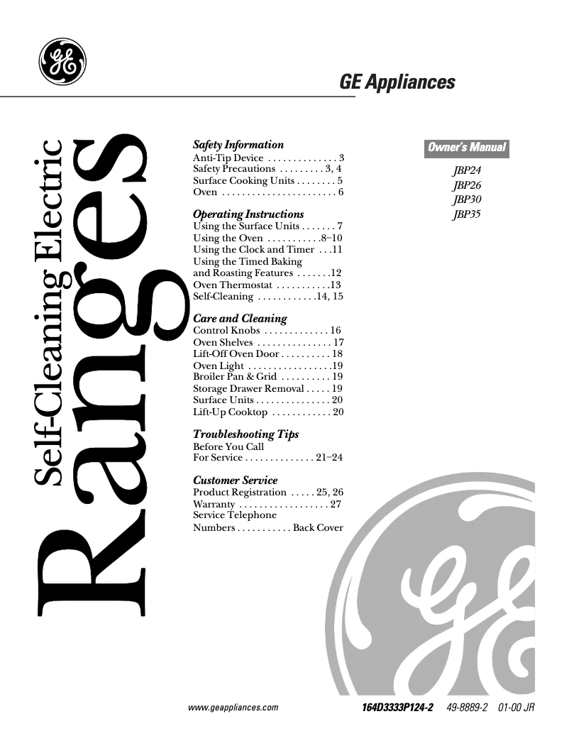 Page 1 de la notice Manuel d'utilisation et d'entretien GE JBP10WDWW
