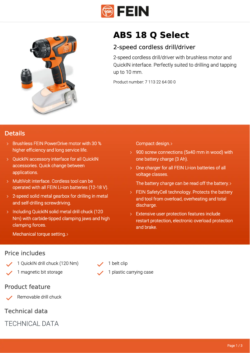 Page 1 de la notice Fiche technique Fein ABS 18 Q Select