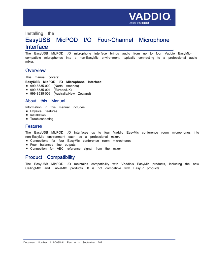 Page 1 de la notice Manuel utilisateur Vaddio EasyUSB MicPOD