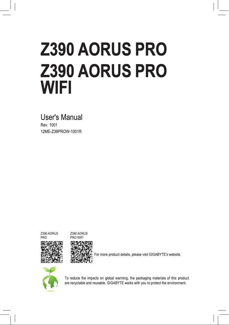 Page 1 de la notice Manuel utilisateur Gigabyte Z390 Aorus Pro