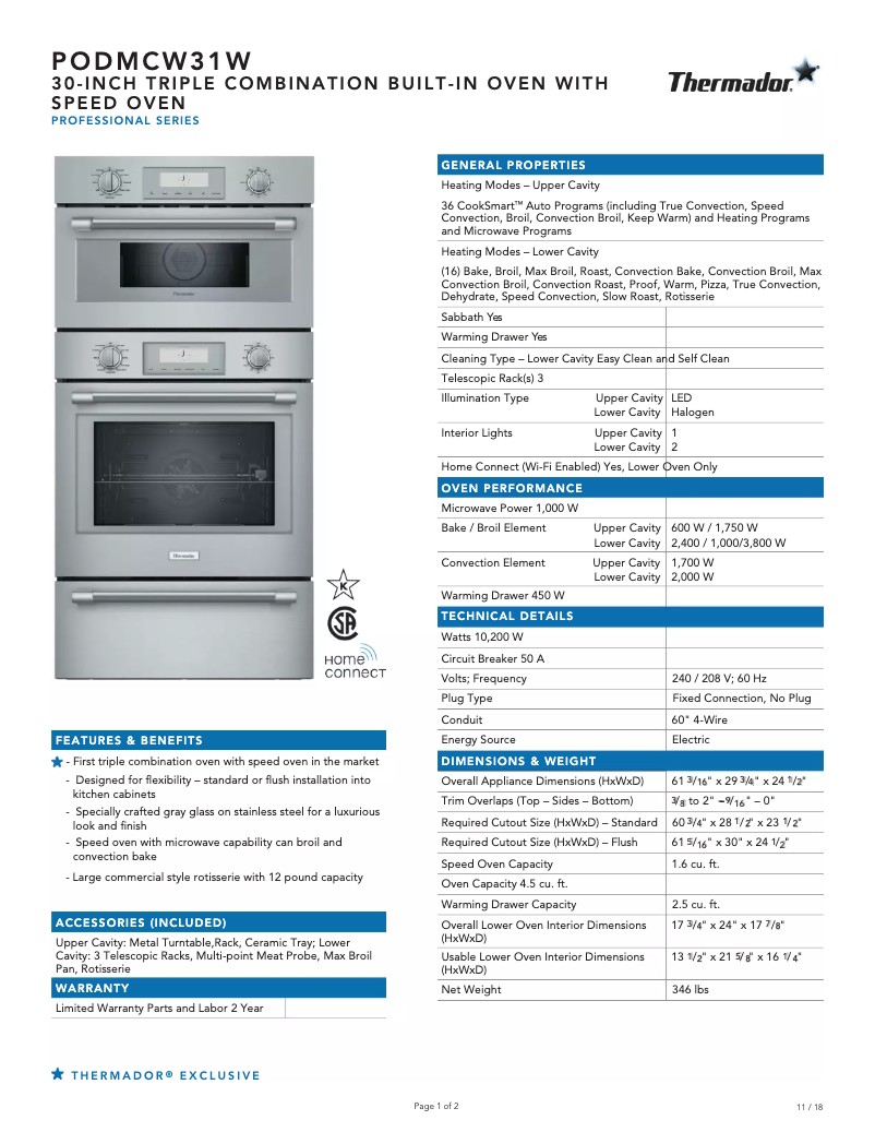Page 1 of the manual Technical Sheet Thermador PODMCW31W