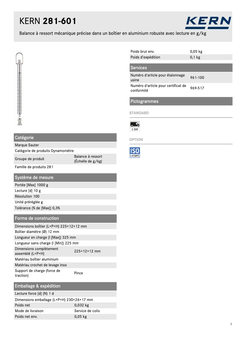 Page 1 de la notice Fiche technique Kern 281-601