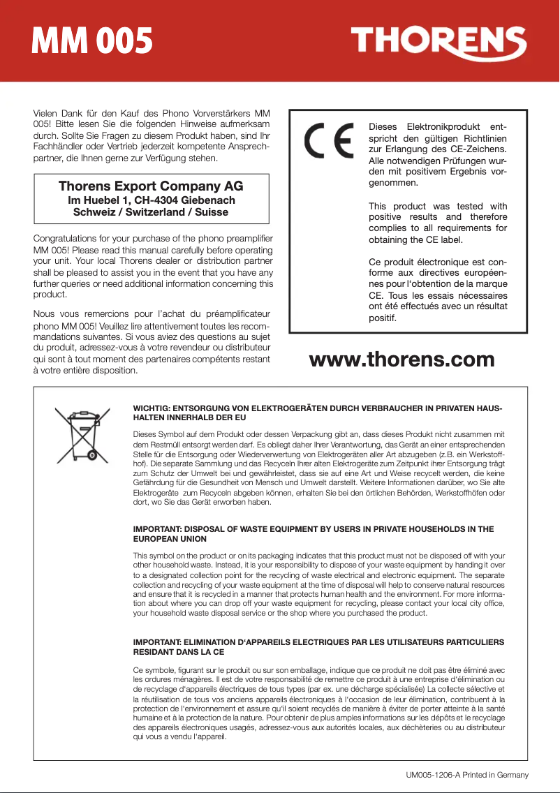 Page 1 de la notice Manuel utilisateur Thorens MM 005