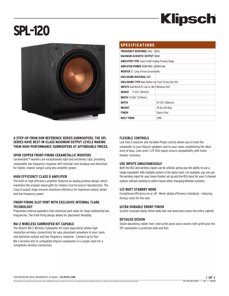 Page 1 de la notice Fiche technique Klipsch SPL-120