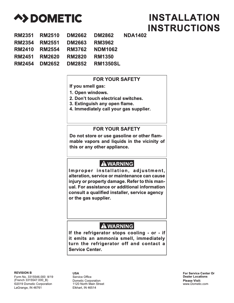 Page 1 de la notice Guide d'installation Dometic RM 1350S