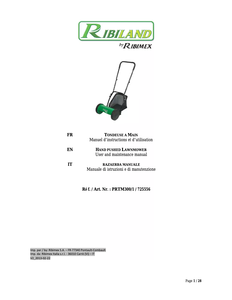 Page 1 de la notice Manuel utilisateur Ribiland PRTM300 RazerB300M
