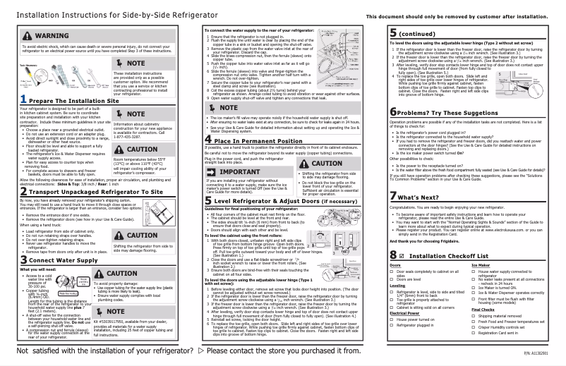 Page 1 de la notice Guide d'installation Frigidaire FFSS2615TS