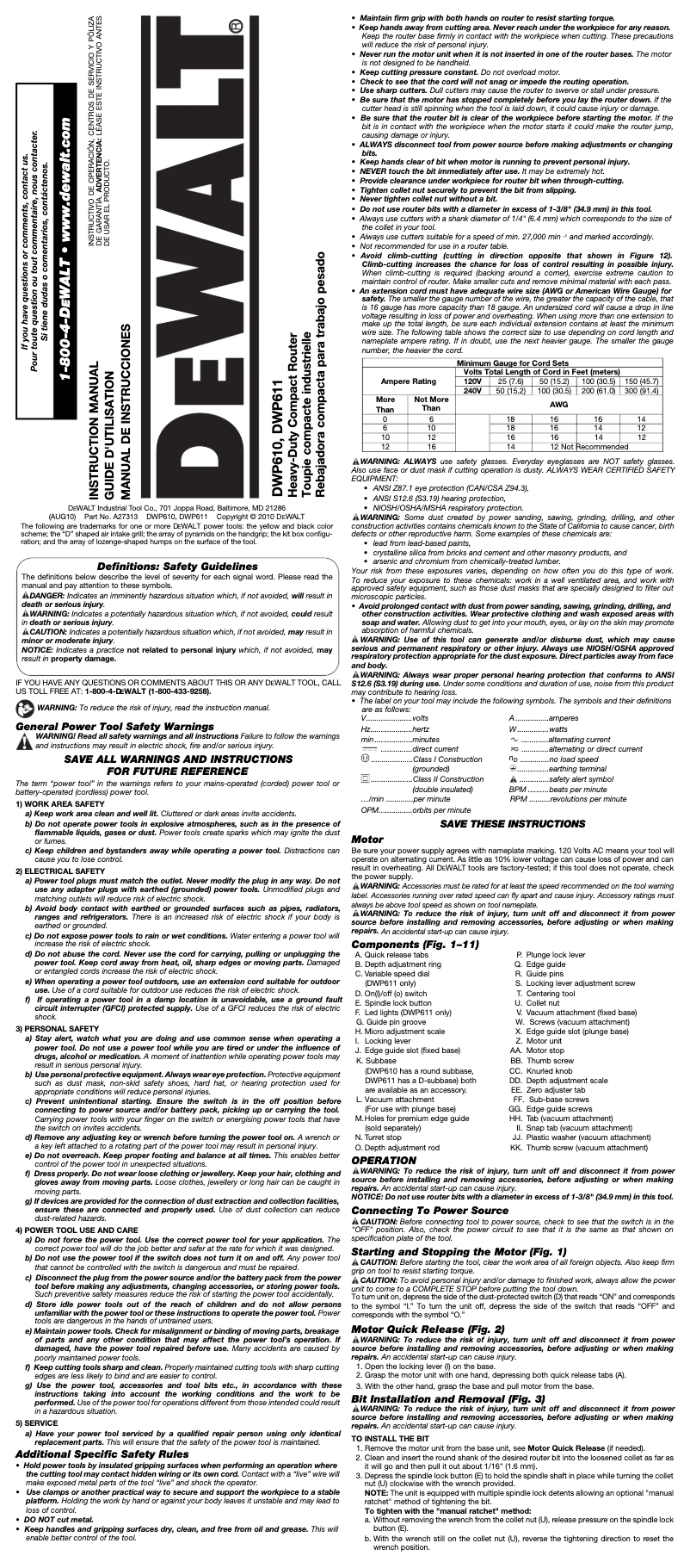 Page 1 de la notice Manuel d'utilisation et d'entretien DeWalt DCW600