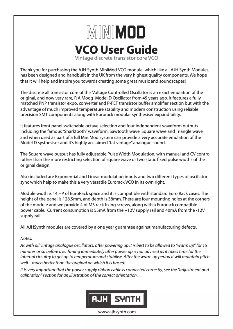 Página 1 del manual Manual de usuario AJH Synth MiniMod VCO