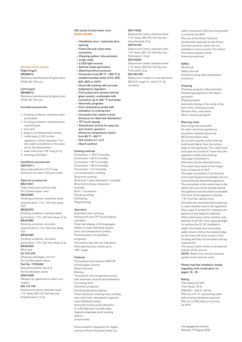Page 1 de la notice Fiche technique Gaggenau BS485612