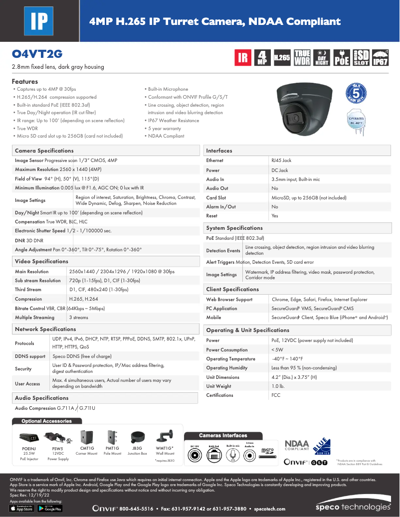 Page 1 de la notice Fiche technique Speco Technologies O4VT2G
