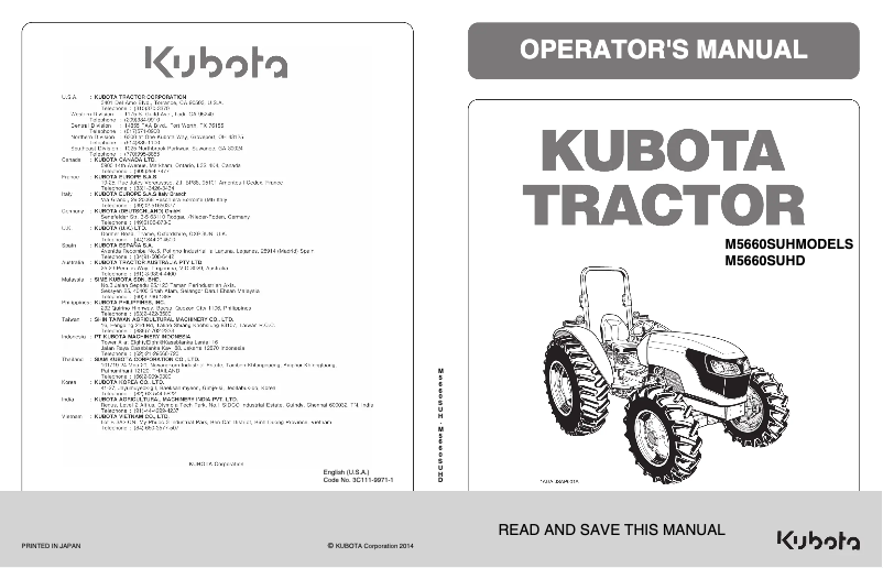 Page 1 de la notice Manuel utilisateur Kubota M5660SUHD
