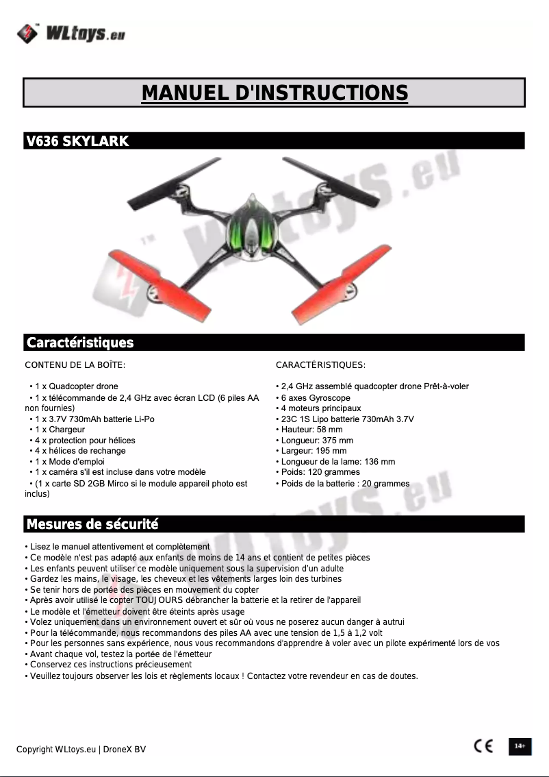 Page 1 de la notice Manuel utilisateur WLtoys V636 - Skylark