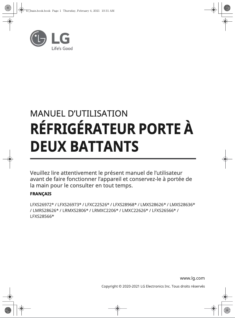 Page 1 de la notice Manuel utilisateur LG LFXS26566S