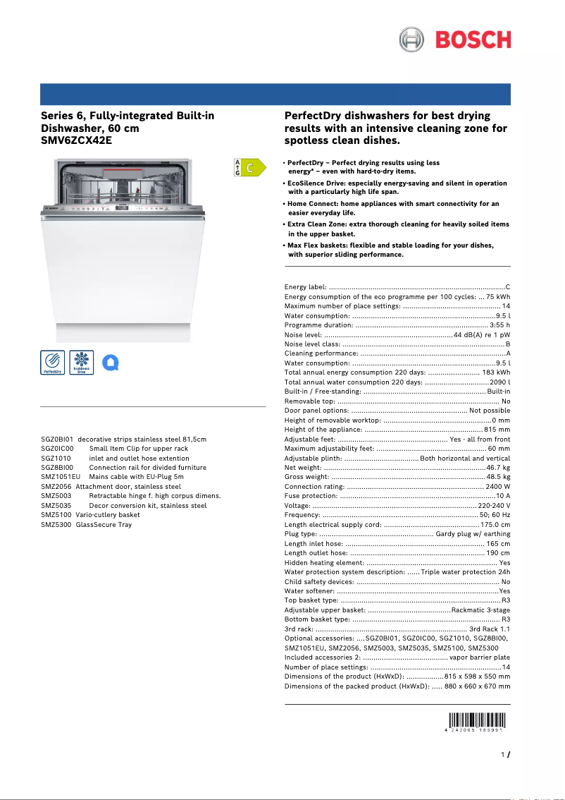 Page 1 de la notice Fiche technique Bosch SMV6ZCX42E