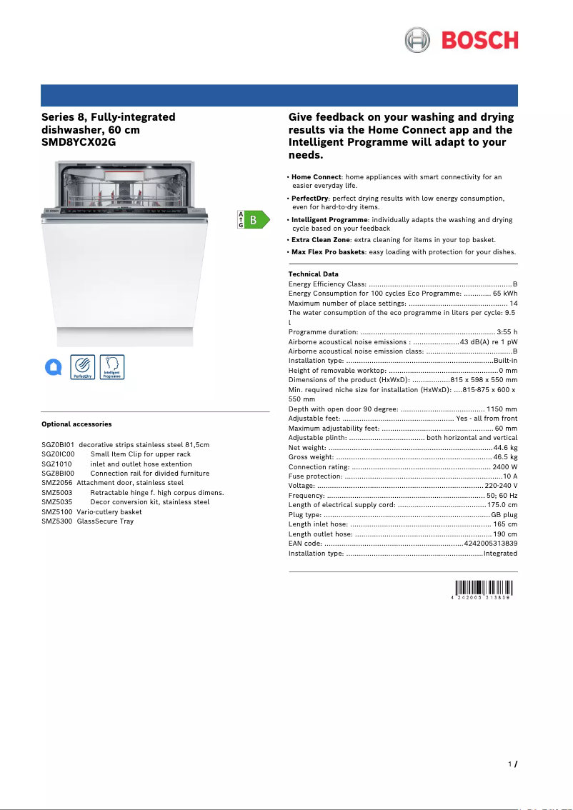 Page 1 de la notice Fiche technique Bosch SMD8YCX02G