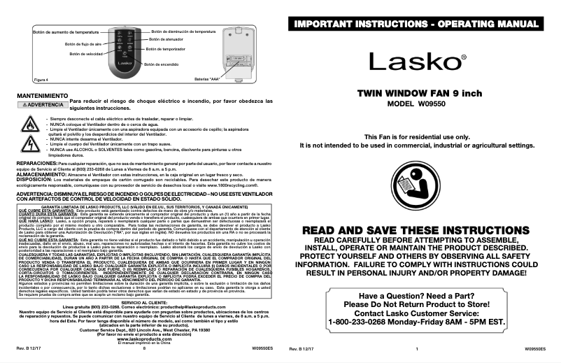 Page 1 of the manual User Manual Lasko W09550