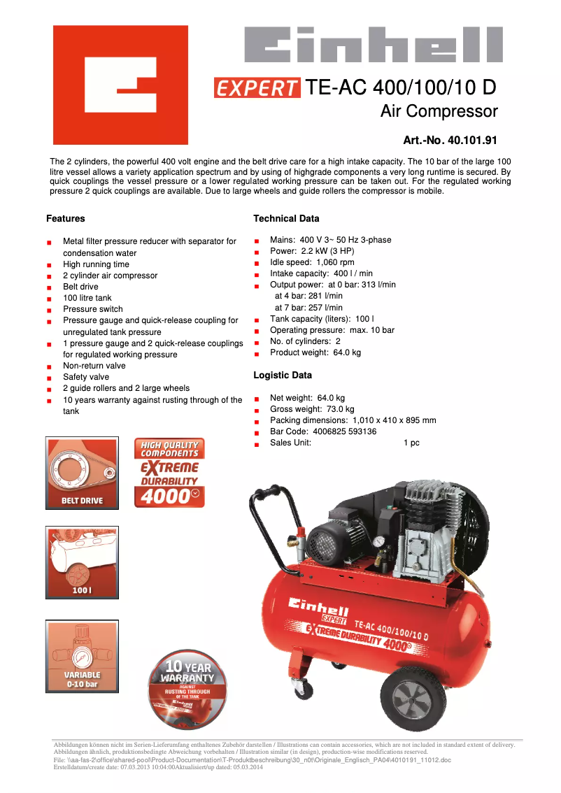 Page 1 de la notice Manuel utilisateur Einhell TE-AC 400/100/10 D
