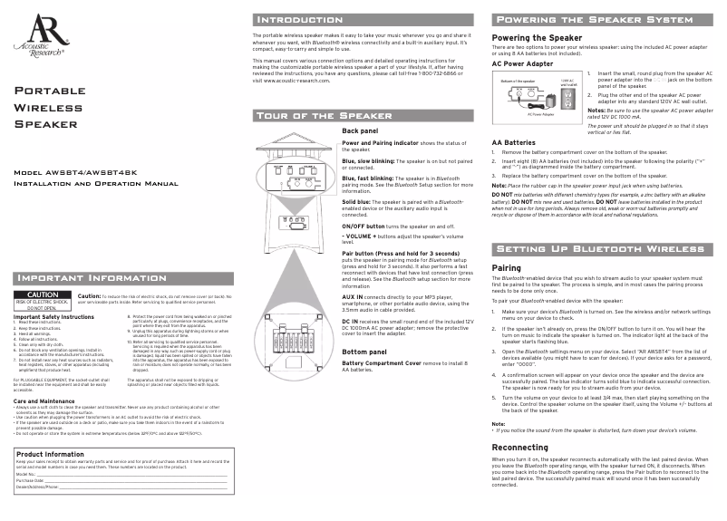 Página 1 del manual Manual de usuario Acoustic Research AWSBT4BK