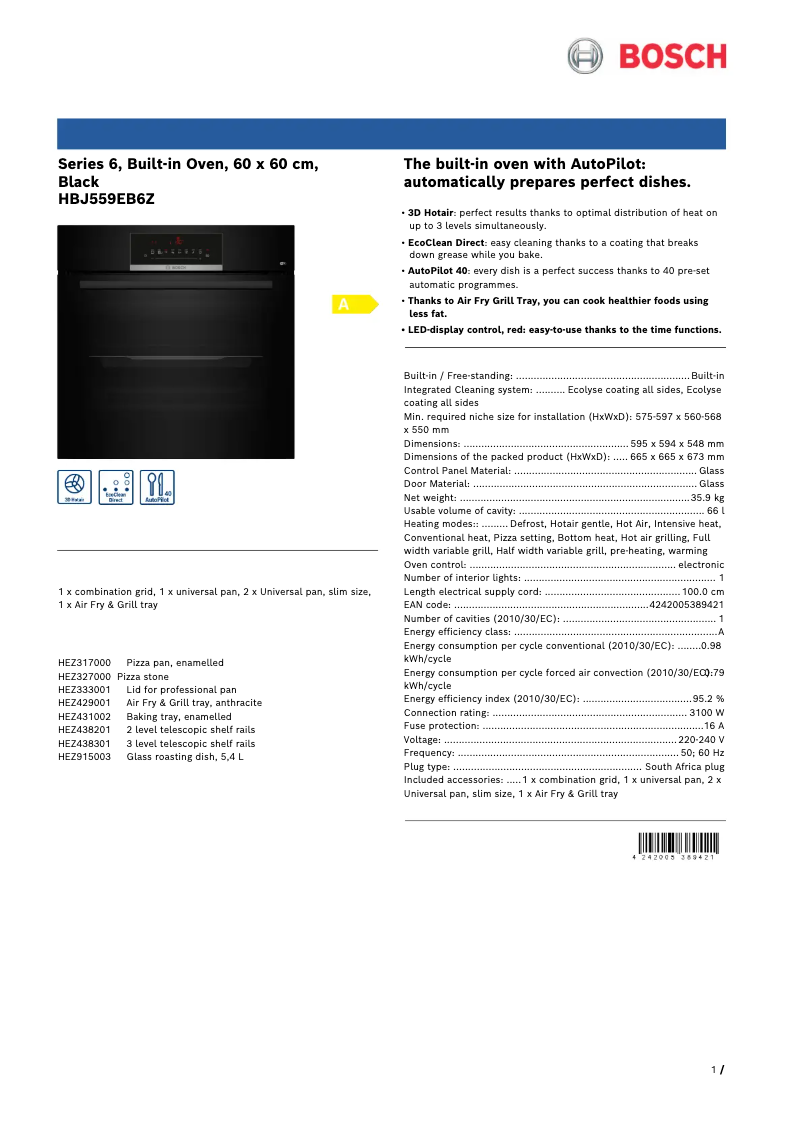 Page 1 of the manual Technical Sheet Bosch HBJ559EB6Z