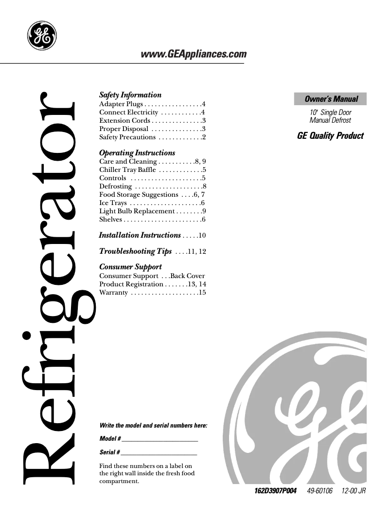 Page 1 de la notice Manuel d'utilisation et d'entretien GE GMS10AAMRWW